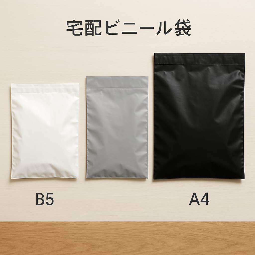 ネコポス対応のB5・A4サイズ宅配ビニール袋を並べてサイズ比較している写真