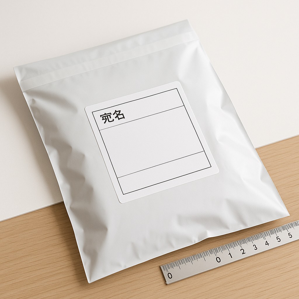 ゆうパケット対応の宅配ビニール袋に商品を梱包している様子